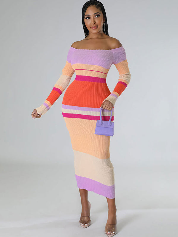 Long Sleeve Off Shoulder Color Block Midi Dresses