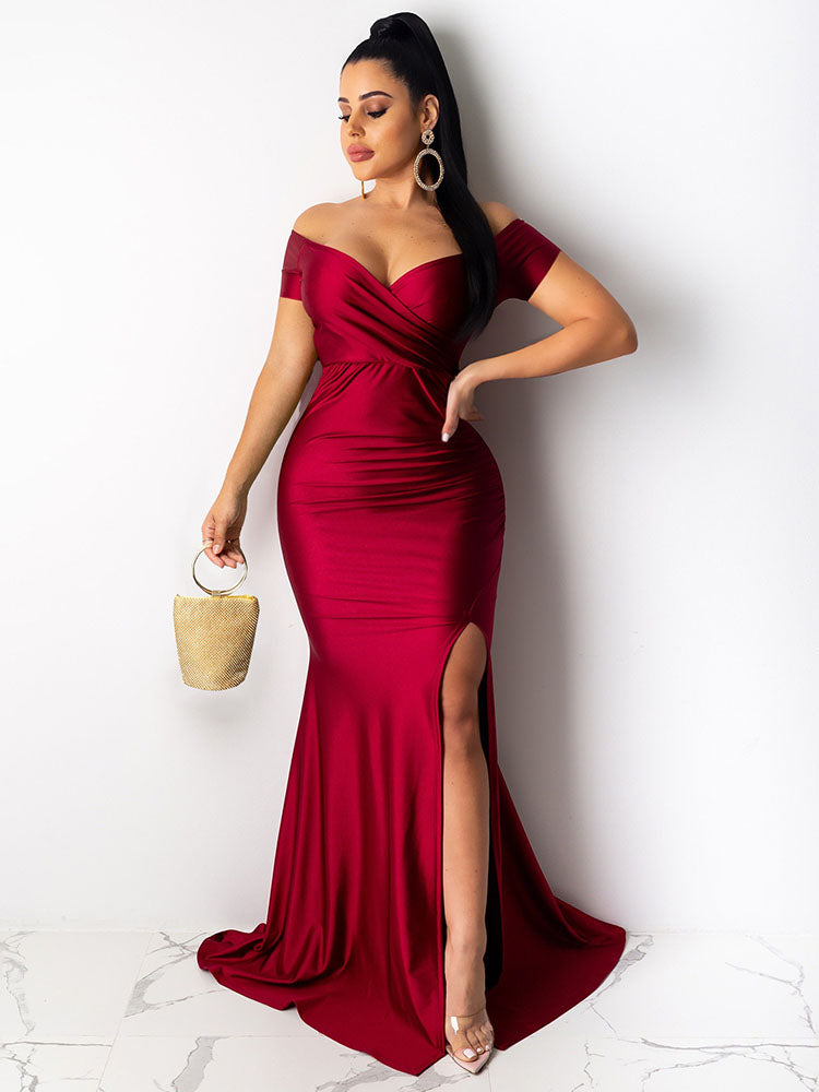 V Neck Wrap Ruched Split Maxi Dress