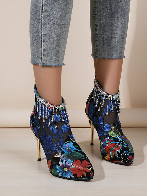 Mesh Pactwork Embroidery Heels Boots