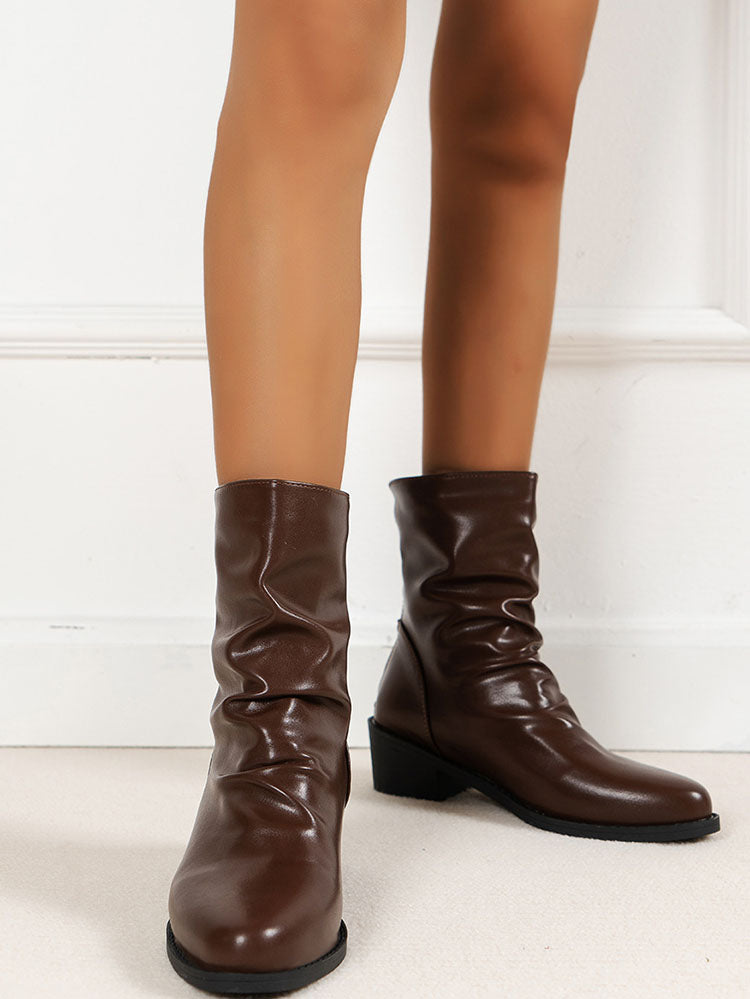 PU Leather Solid Color Ruched Anklet Boots