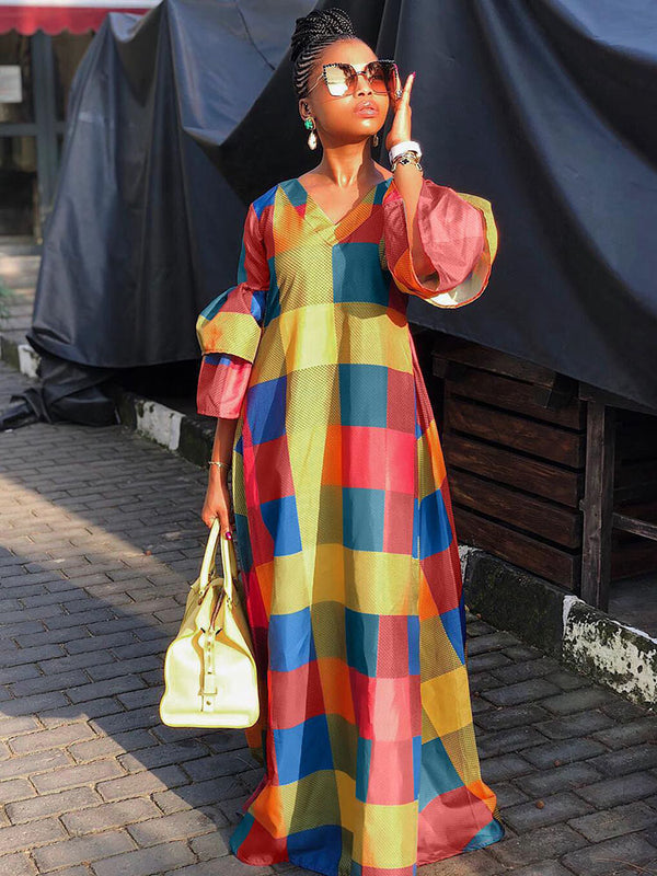 Bell Sleeves Color Block Maxi Dresses