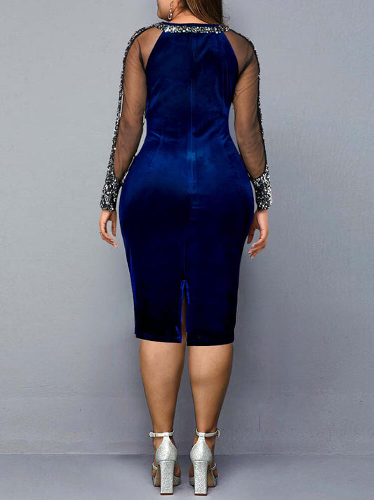 Plus Size Long Sleeve Patchwork Midi Dress