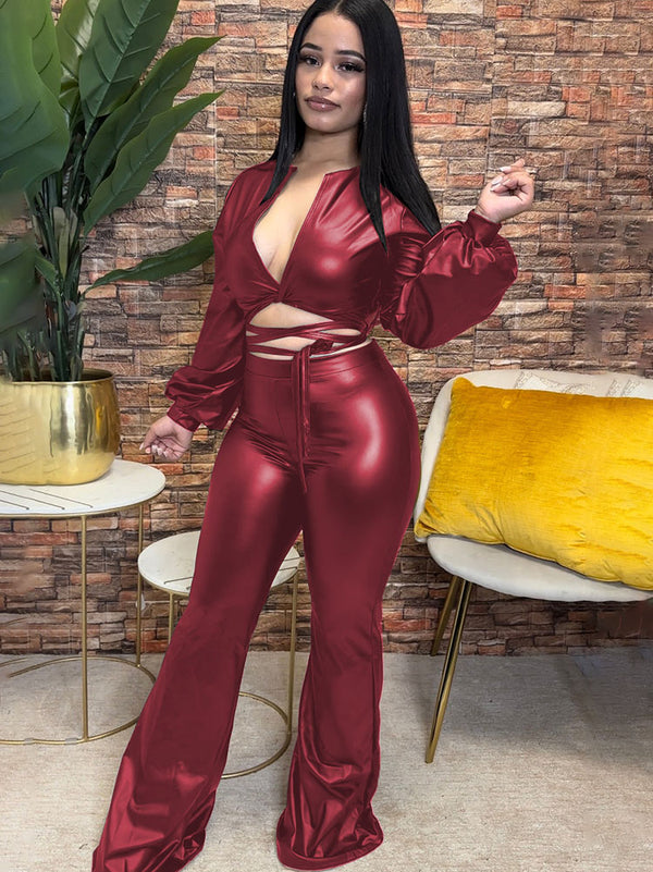 Two Piece Leather Solid Color Pant Suits