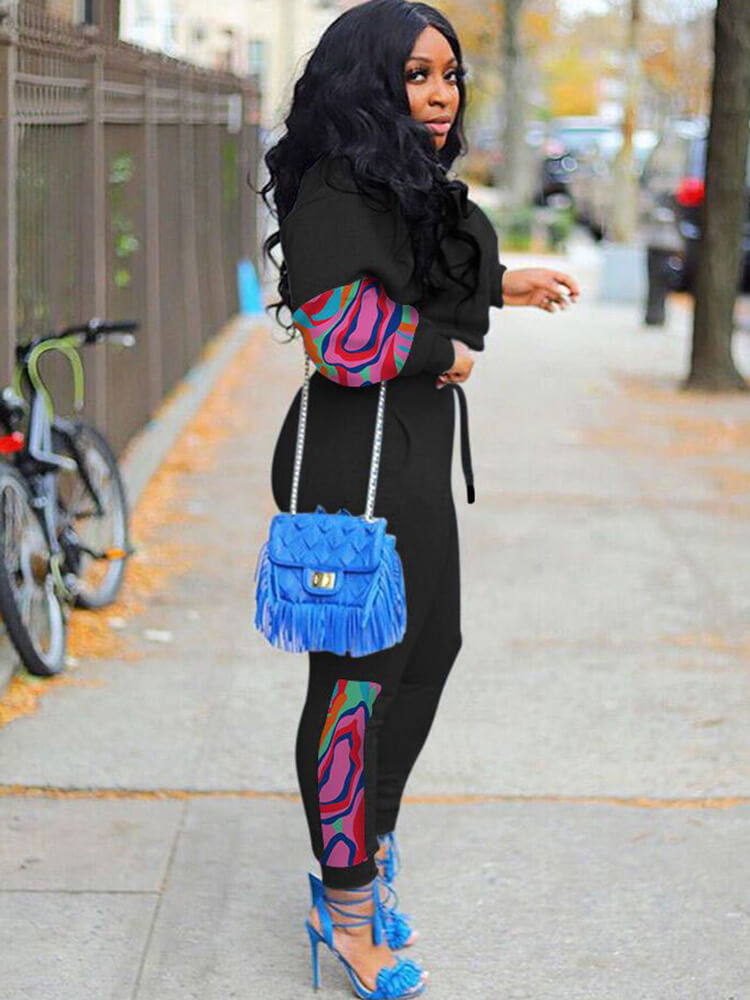 Two Piece Long Sleeve Print Patchwork Pullover Pants