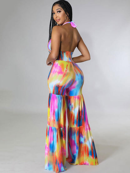 Halter Neck Backless Tie Dye Wide Leg Jumpsuit