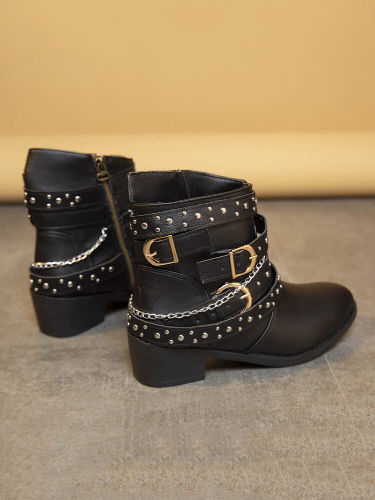 Botines de PU con tacón grueso y hebilla de cinturón