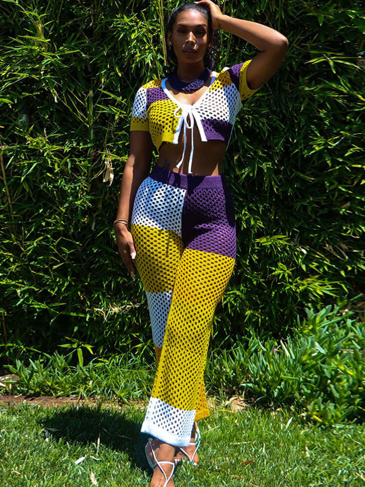 Pantalones y top corto de manga corta ahuecados de dos piezas