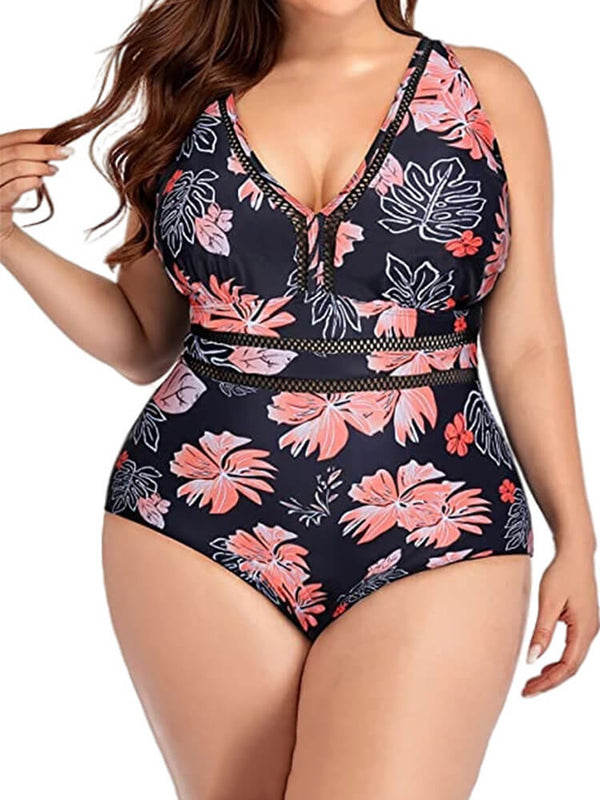 Plus Size One Piece Floral Hollow Out Swimsuit