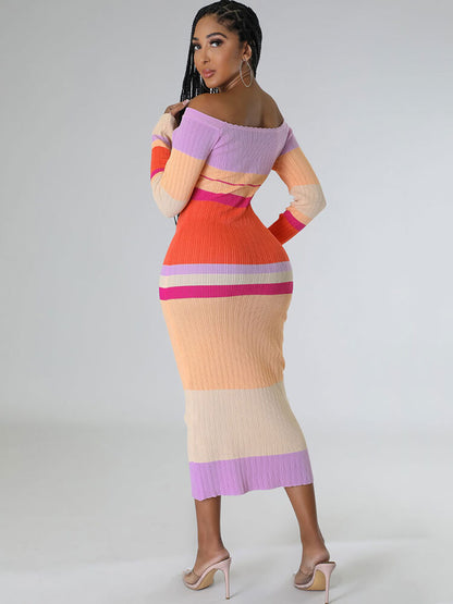 Long Sleeve Off Shoulder Color Block Midi Dress