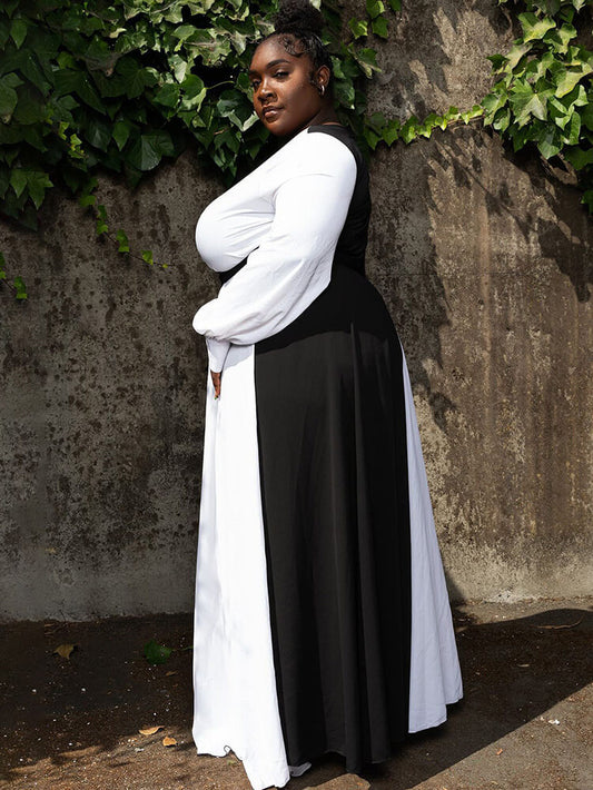 Vestidos largos de patchwork con cuello en V y manga larga