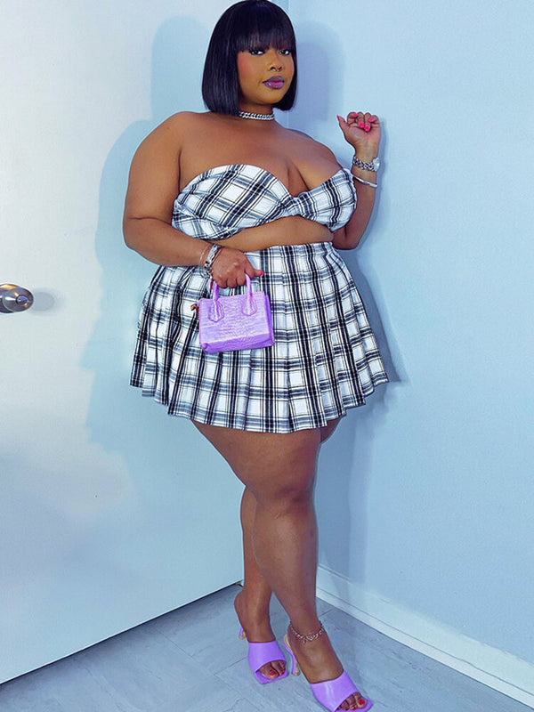 Two Piece Plaid Print Tube Top & Pleated Skirt