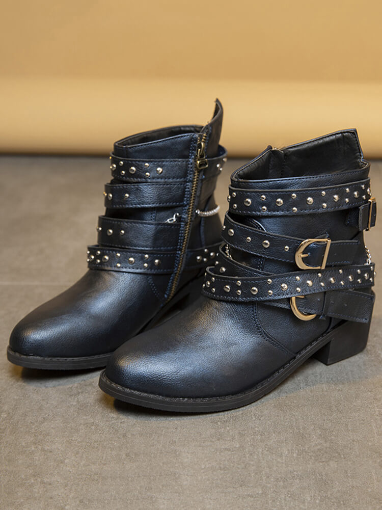 Botines de PU con tacón grueso y hebilla de cinturón