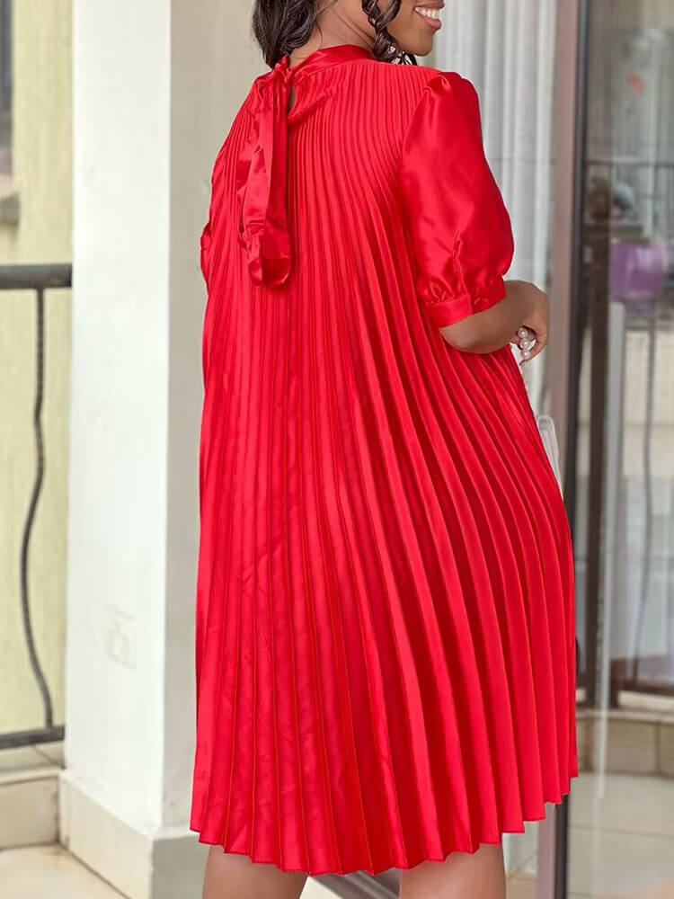 Short Sleeve Mock Neck Pleated Mini Dress