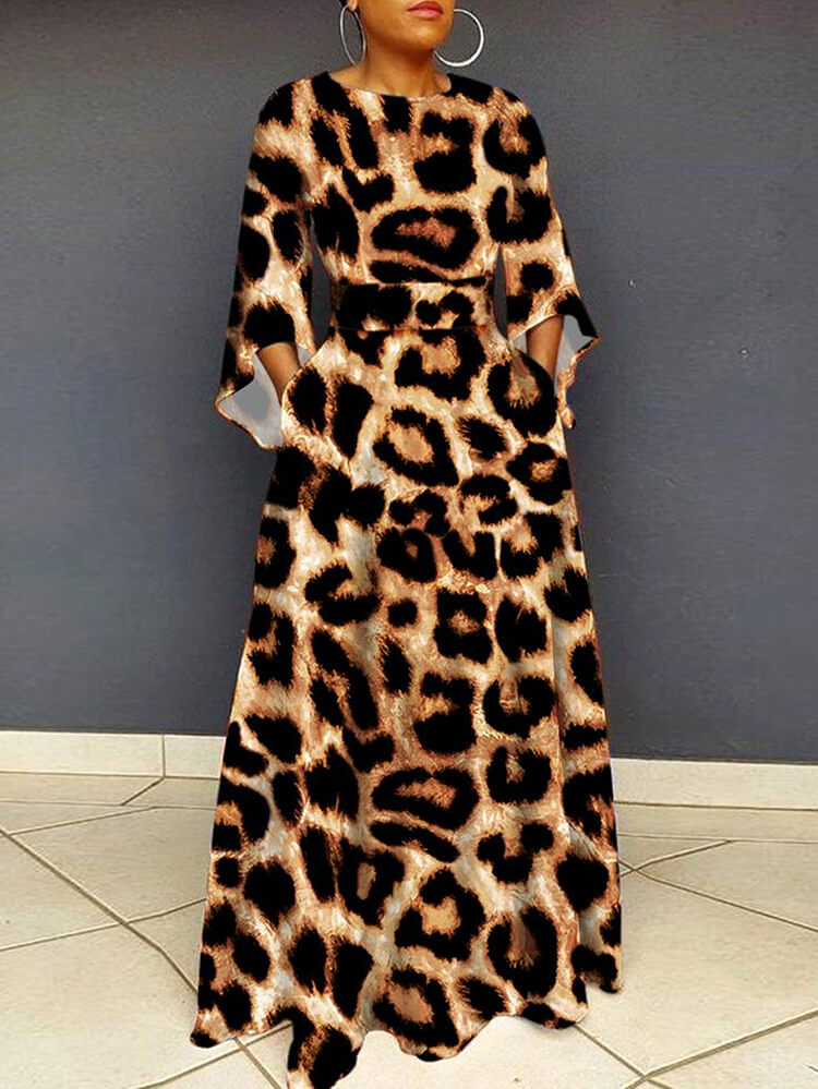 Vestidos largos ajustados de leopardo de manga larga