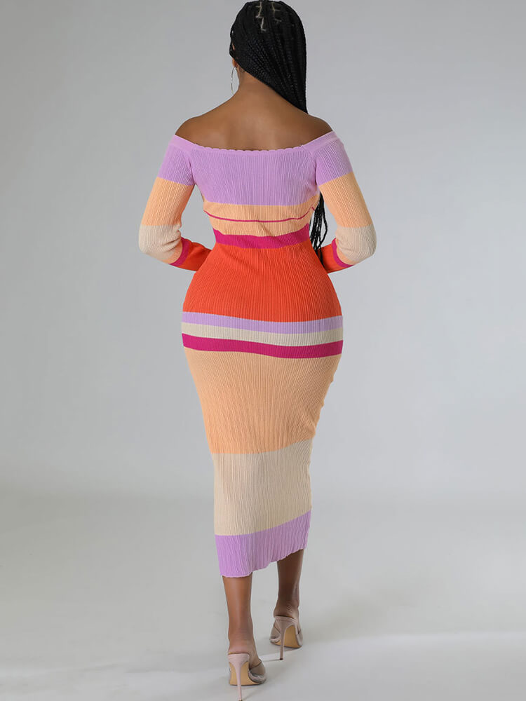 Long Sleeve Off Shoulder Color Block Midi Dress