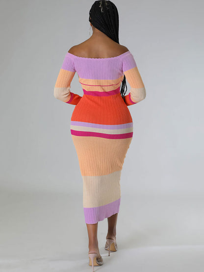 Long Sleeve Off Shoulder Color Block Midi Dress