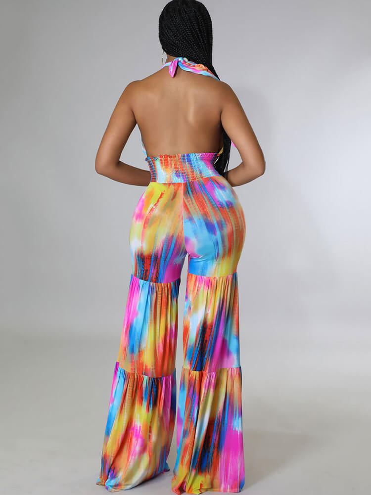 Halter Neck Backless Tie Dye Wide Leg Jumpsuit