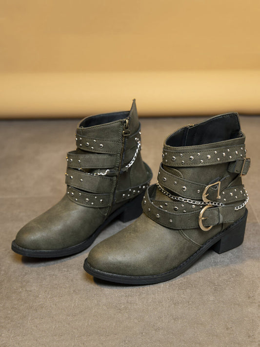 Botines de PU con tacón grueso y hebilla de cinturón