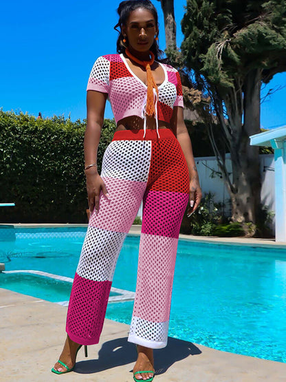 Pantalones y top corto de manga corta ahuecados de dos piezas