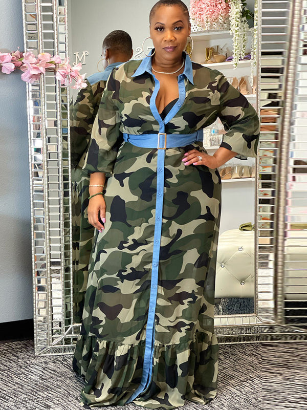 Long Sleeves Camouflage Maxi Dresses