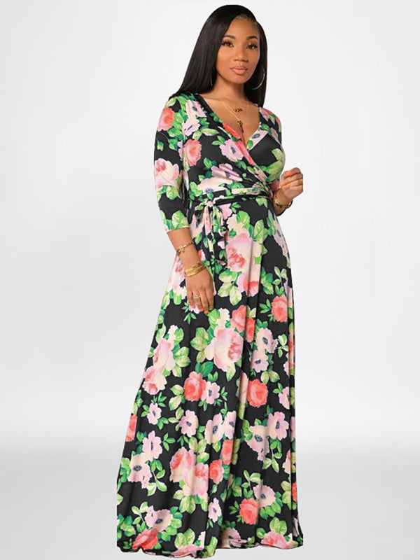 Plus Size Long Sleeves Floral Print Maxi Dresses