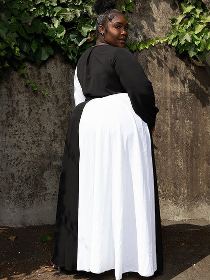 Vestidos largos de patchwork con cuello en V y manga larga