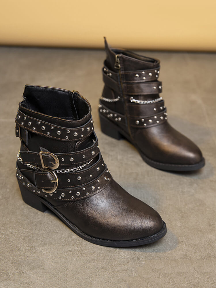 Botines de PU con tacón grueso y hebilla de cinturón