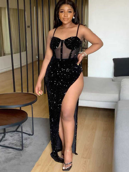 Sequins Sleeveless Split Maxi Dress