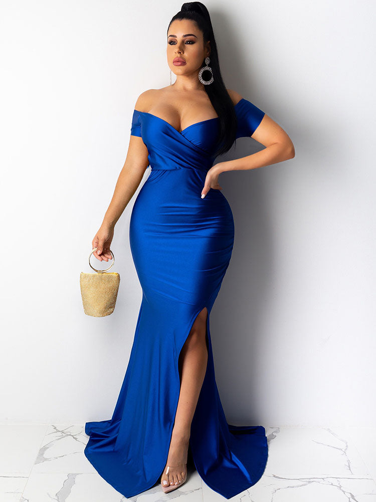 V Neck Wrap Ruched Split Maxi Dress