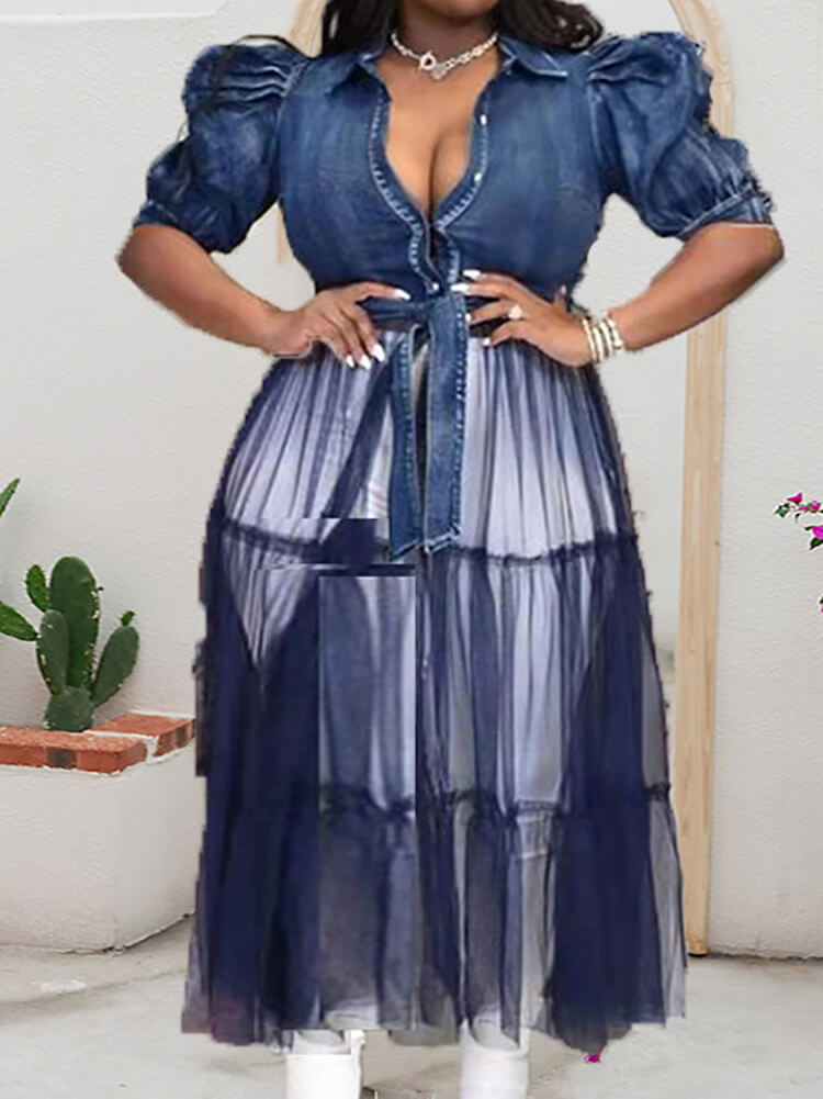 Denim Mesh Patchwork Short Sleeve Top