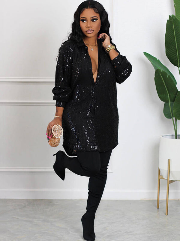 Sequin Patchwork Long Sleeve Bodycon Shirts