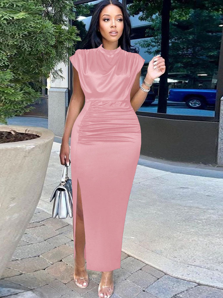 Vestidos largos con abertura lateral fruncida sin mangas de talla grande