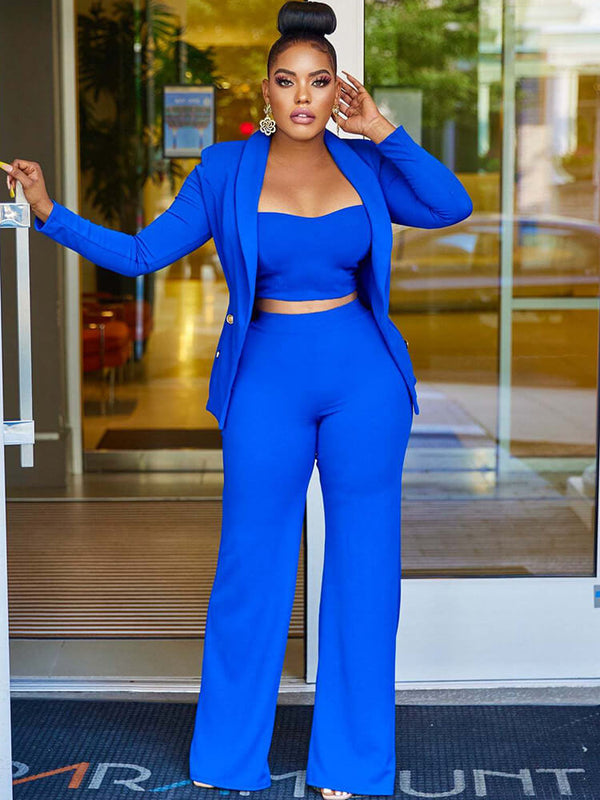Three Piece Long Sleeve Solid Color Pants Suit