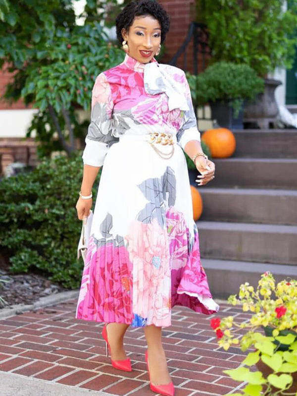 Long Sleeve Floral Print Pleated Maxi Dresses