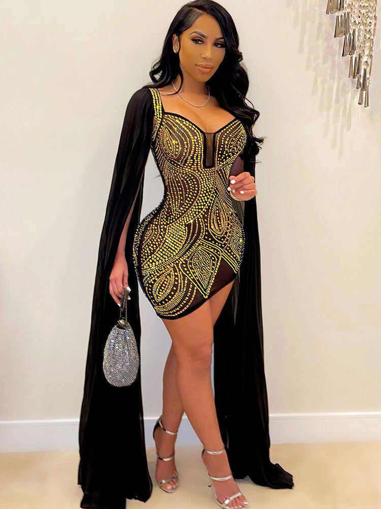 Cloak Cape Sleeve Sequins Bodycon Mini Dress