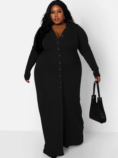 Vestidos largos ajustados lisos de canalé de manga larga