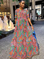Mesh Short Sleeve Print Flowy Maxi Dress