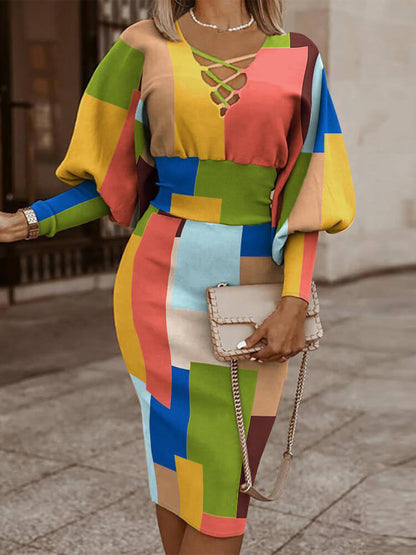 Long Lantern Sleeve Printed Midi Dress