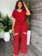 Tops de dos piezas de manga corta y pantalones con cordón