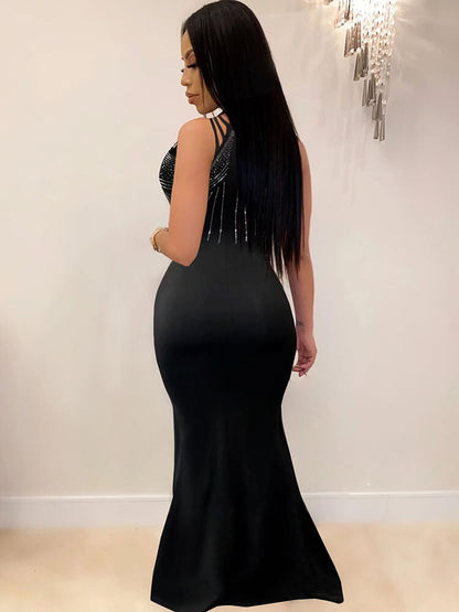 Vestido largo ajustado sin mangas con diamantes de imitación