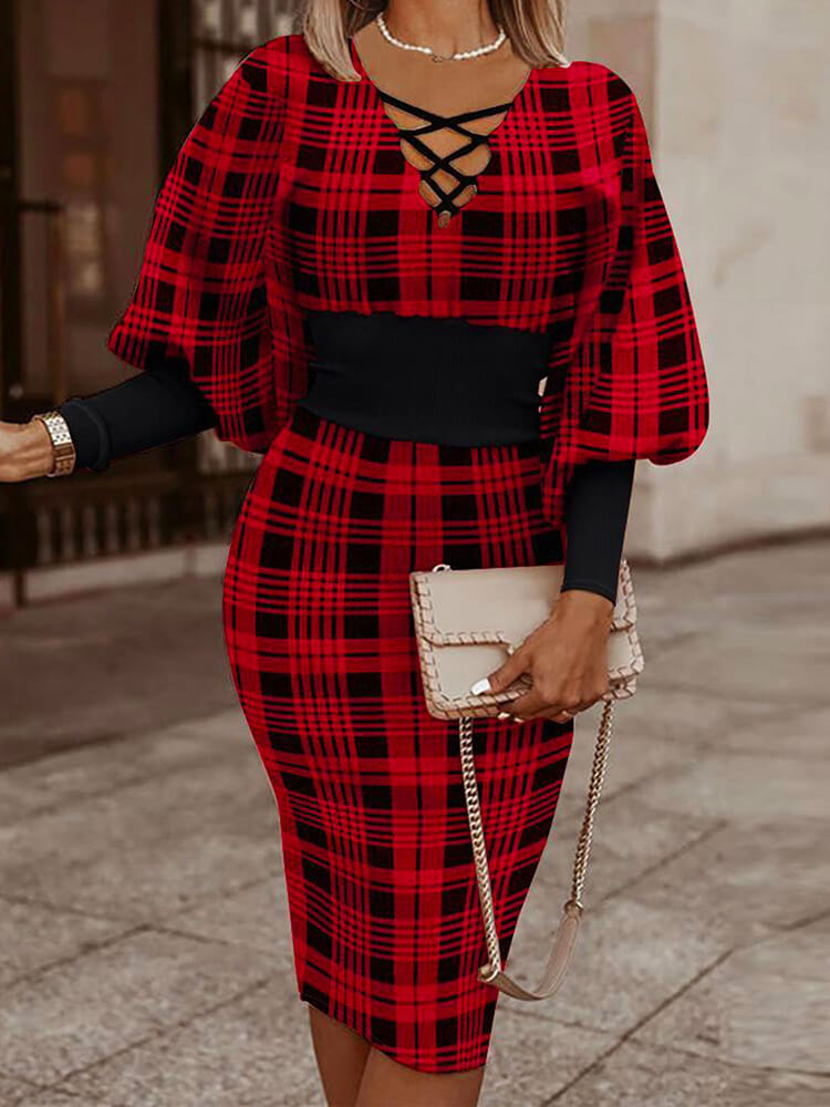 Long Lantern Sleeve Printed Midi Dress