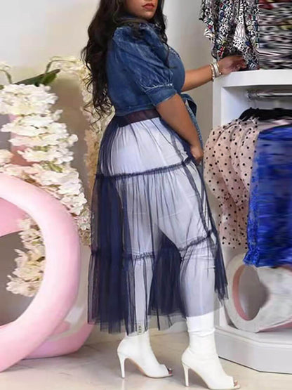 Denim Mesh Patchwork Short Sleeve Top