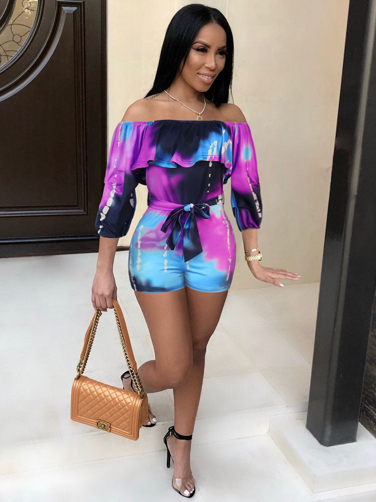 Off Shoulder Floral Print Belted Romper