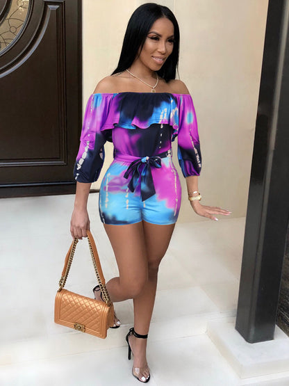 Off Shoulder Floral Print Belted Romper