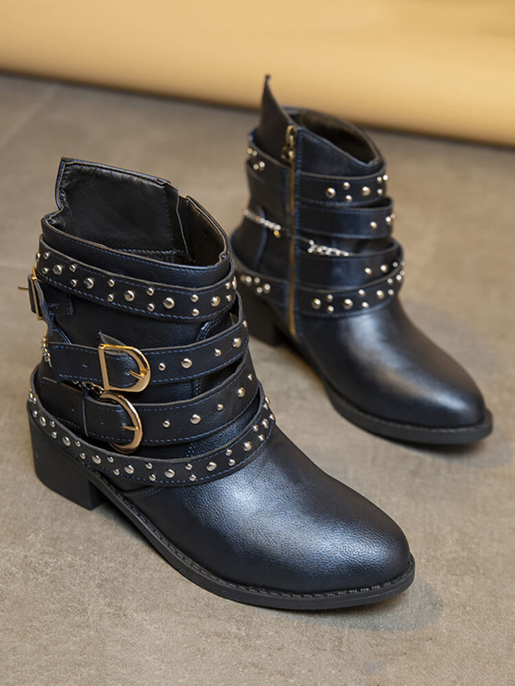 Botines de PU con tacón grueso y hebilla de cinturón