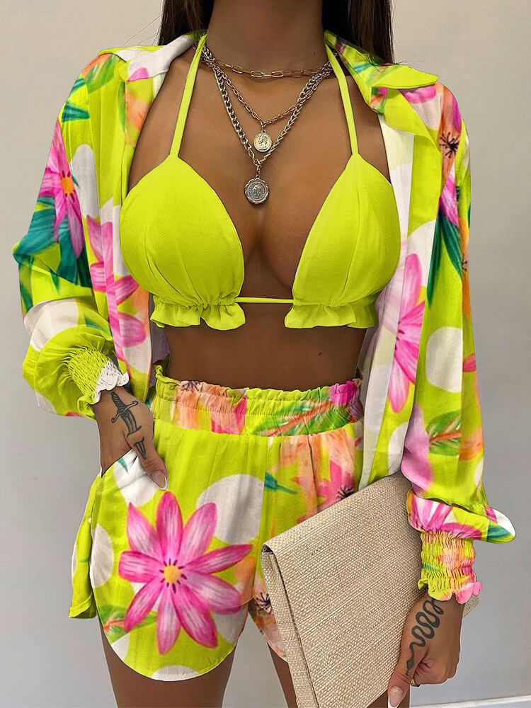 Conjuntos cortos de tres piezas con volantes y manga larga