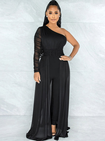 Mono de manga larga con un hombro y patchwork de malla