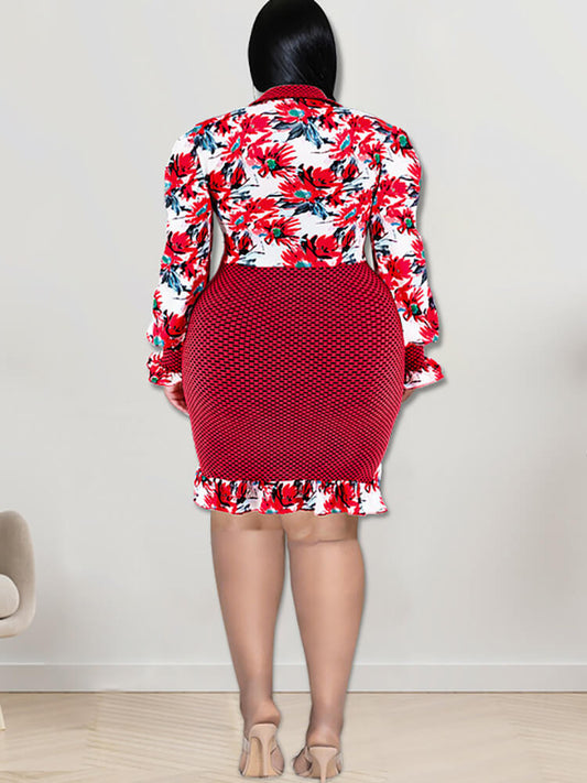 Long Sleeve Floral Print Patchwork Mini Dress