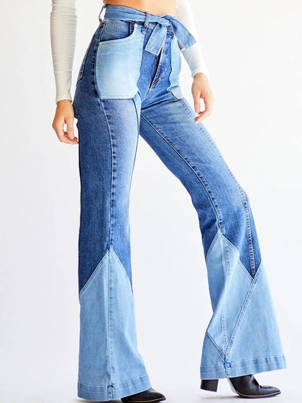 Denim Color Block Flare Jeans With Belt