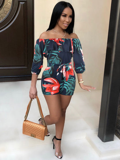 Off Shoulder Floral Print Belted Romper